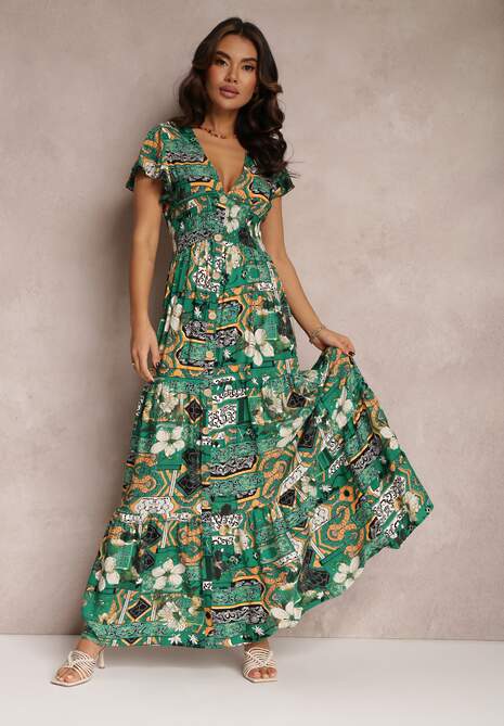 Zielona Sukienka z Wiskozy Maxi z Gumką w Pasie Weha