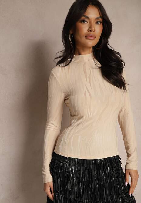 Beżowa Bluzka Półgolf z Wiskozą Ozdobiona Paskami Liladi