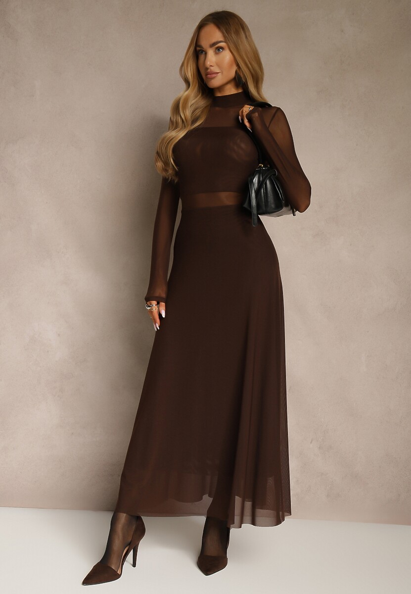 Brązowa Rozkloszowana Sukienka Longsleeve z Siateczki z Dodatkiem Wiskozy Eprella