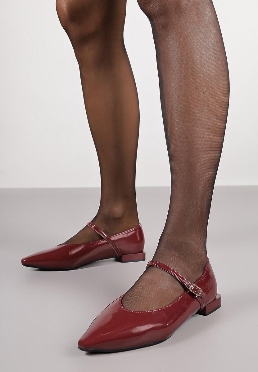 Bordowe Balerinki Mary Jane Vices z Geometrycznym Obcasem i Skórzaną Wkładką Vermene