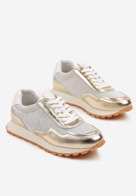 Złote Sneakersy Skórzane Ozdobione Geometrycznym Motywem Wibessa