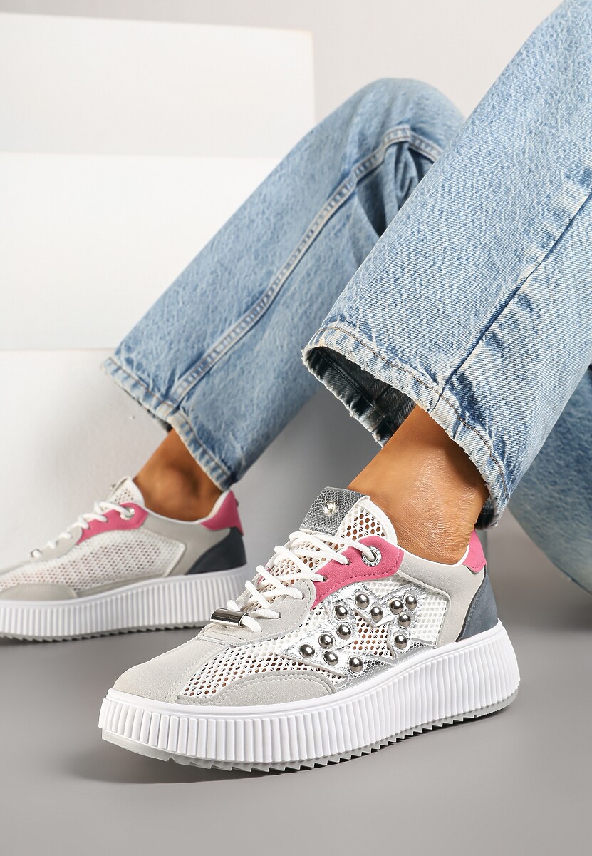 Szaro-Różowe Sneakersy Ozdobione Gwiazdą i Nitami Zeloti