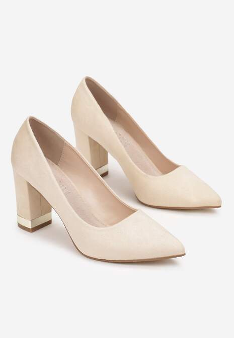 Beżowe Czółenka na Ozdobnym Słupku z Wkładką ze Skóry Naturalnej Alellia