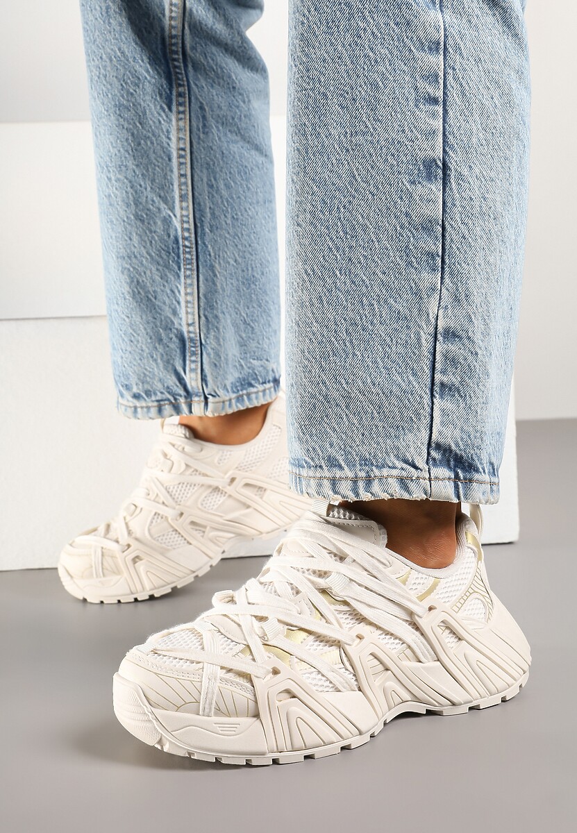 Beżowe Sneakersy Ozdobione Geometrycznym Motywem Pollines