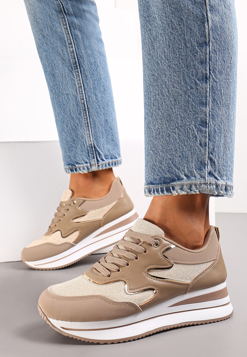 Ciemnobeżowe Sznurowane Sneakersy na Płaskiej Grubej Podeszwie z Brokatem Sincla