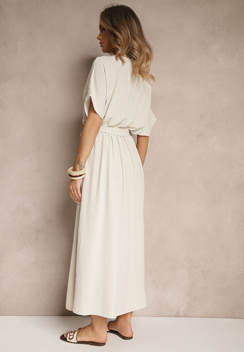 Beżowa Rozkloszowana Sukienka z Bawełną i Paskiem Lunapinia