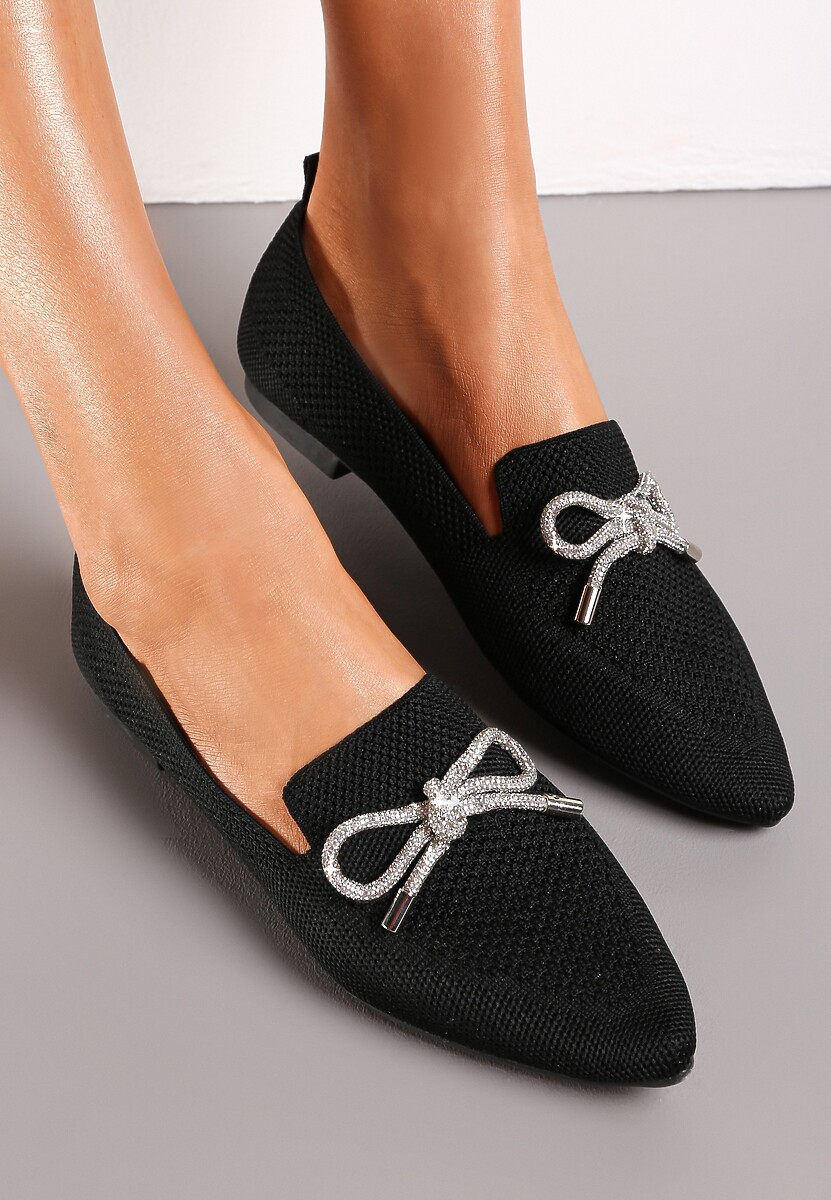 Czarne Balerinki na Płaskiej Podeszwie z Kokardką z Cyrkonii Preslia