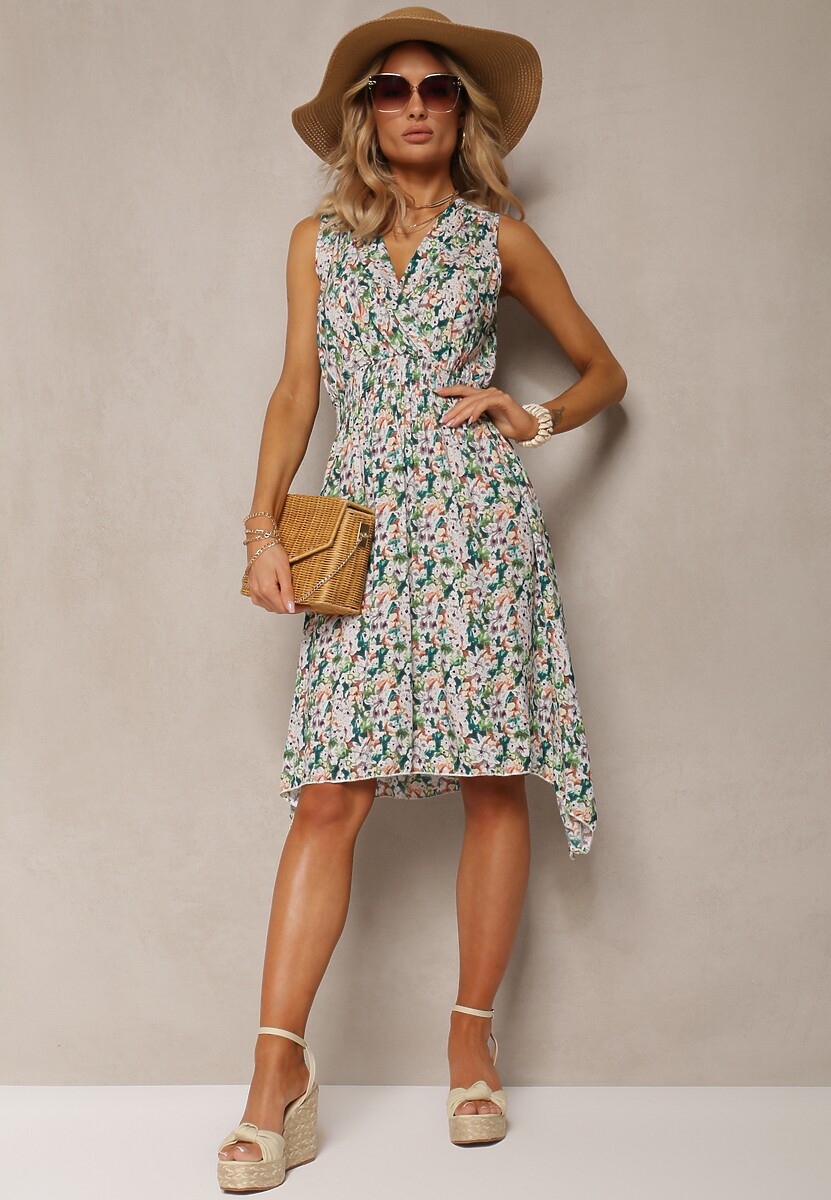 Zielona Kwiecista Sukienka z Bawełny o Kopertowym Dekolcie i Rozkloszowanym Fasonie Crosa