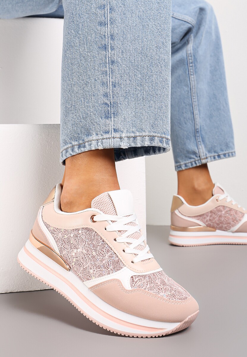 Różowe Sneakersy na Grubej Podeszwie z Brokatem i Metaliczną Wstawką Velari