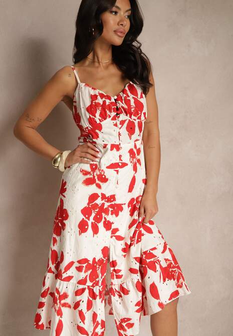 Czerwona Rozkloszowana Sukienka na Ramiączkach z Ażurowej Tkaniny z Bawełny Nitira