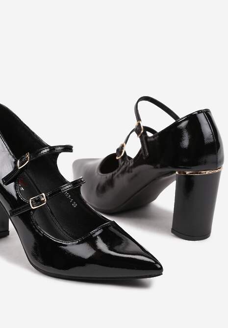 Czarne Lakierowane Czółenka z Paskami z Małymi Sprzączkami Ettalira