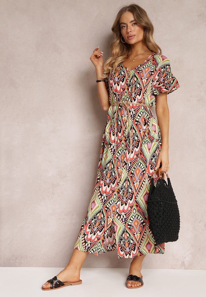 Czerwono-Zielona Sukienka Maxi z Krótkim Rękawem i Sznurkiem w Pasie Nosine