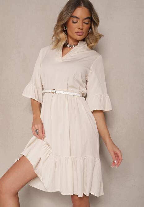 Beżowa Rozkloszowana Sukienka z Wiskozą i Falbanami Eviranna