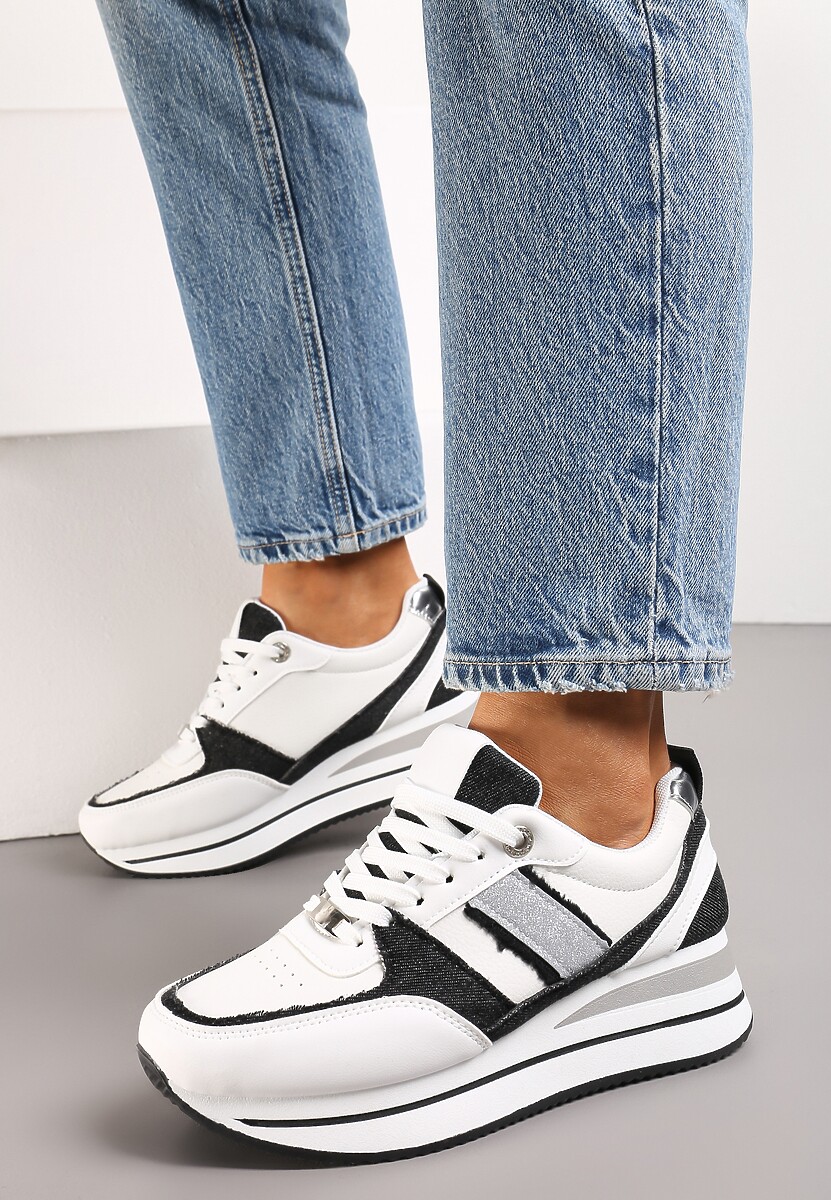 Biało-Czarne Sneakersy z Ekoskóry z Ozdobnymi Wstawkami i Grubą Podeszwą Amifa