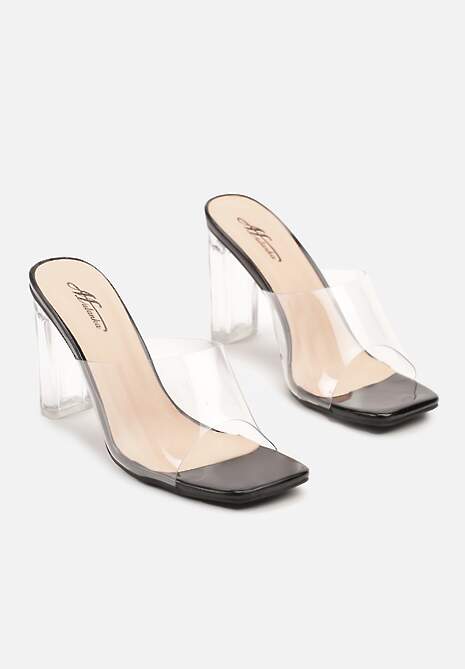 Czarne Klapki na Przezroczystym Słupku Ozdobione Kwadratowym Noskiem Santhera