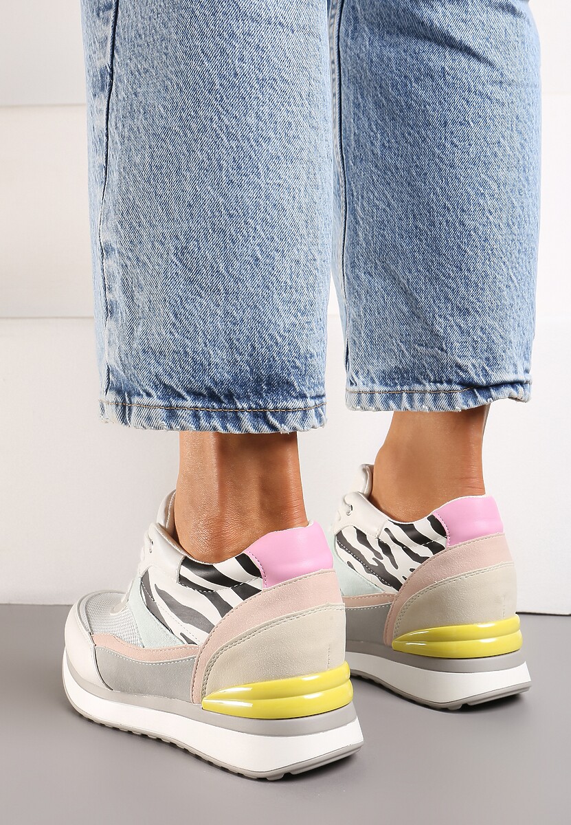 Białe Sneakersy na Ukrytym Niewysokim Koturnie z Brokatem Fioralan