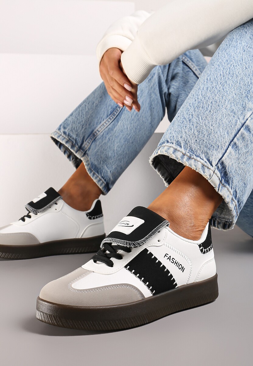 Biało-Czarne Sneakersy na Platformie z Kontrastującymi Detalami i Wywiniętym Językiem Amirila