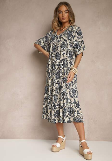 Niebieska Sukienka z Bawełną i Abstrakcyjnym Motywem Filarella