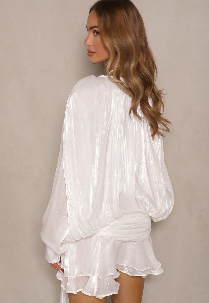 Biała Bufiasta Sukienka Zdobiona Trenem i Wiązaniem z Falbanami Lunoriela