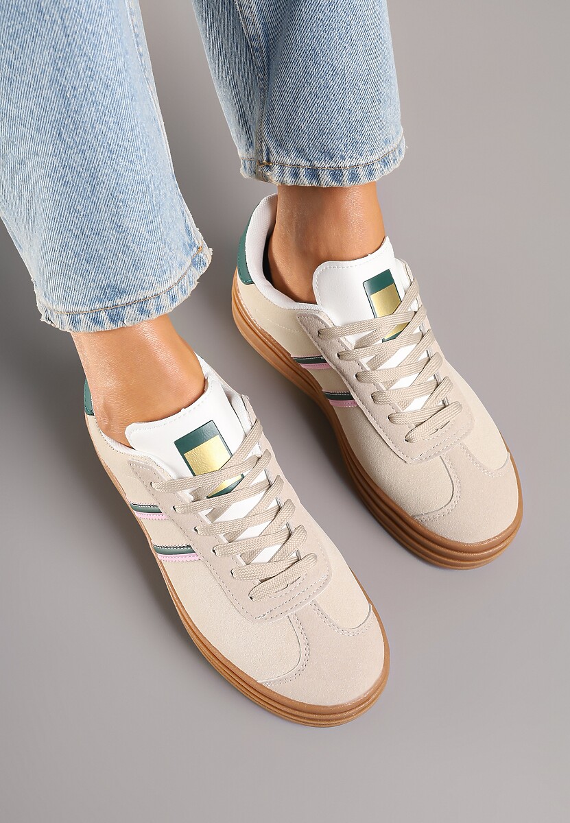 Beżowo-Zielone Klasyczne Sneakersy na Niewysokiej Platformie Terilee