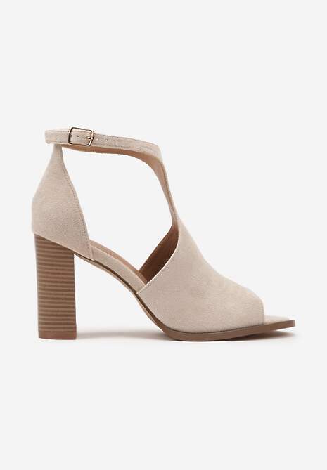 Beżowe Sandały na Obcasie Typu Słupek ze Szpiczastym Noskiem i Sprzączką Danowinn