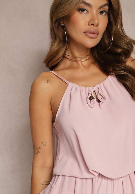 Różowy Kombinezon Bawełniany z Gumką w Talii i Wiązaniem przy Dekolcie Joramla