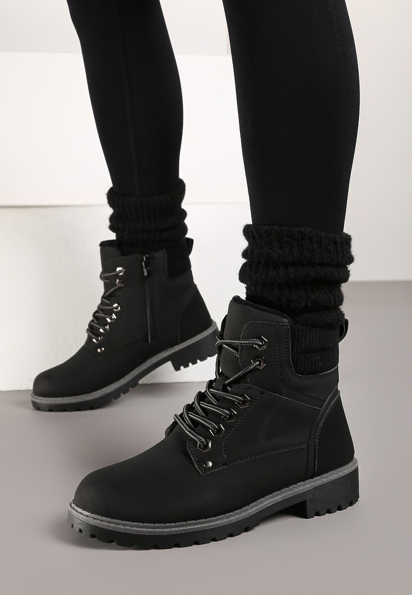 Czarne Sznurowane Casualowe Traperki na Płaskiej Podeszwie Relobia