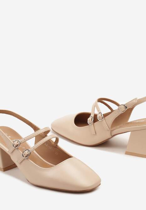 Beżowe Czółenka z Ekoskóry Typu Slingback na Słupku z Trzema Sprzączkami Qrevia