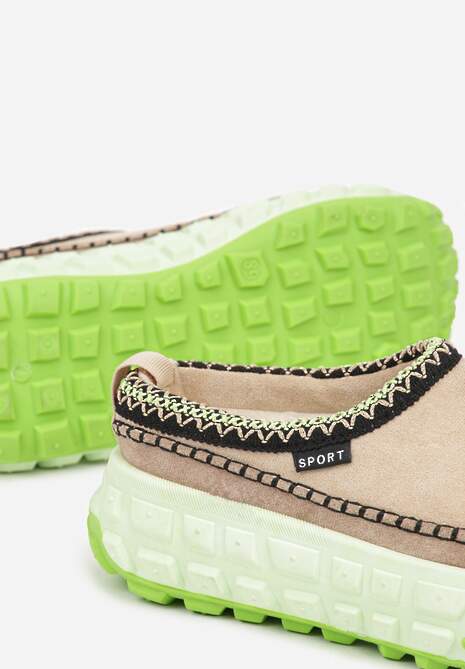 Beżowo-Zielone Śniegowce na Platformie z Tłoczeniem i Niską Cholewką Violova