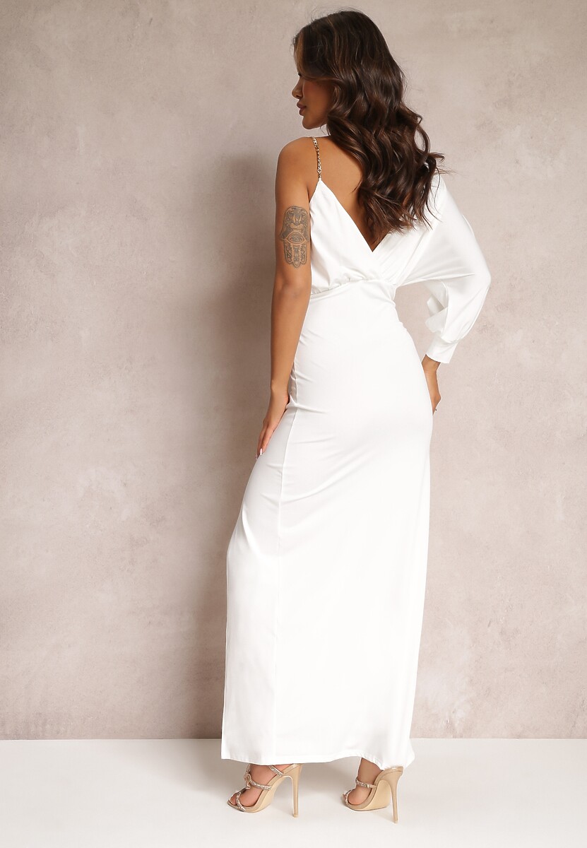 Biała Asymetryczna Sukienka z Gumką w Pasie i Łańcuszkiem Przy Ramieniu Jisse