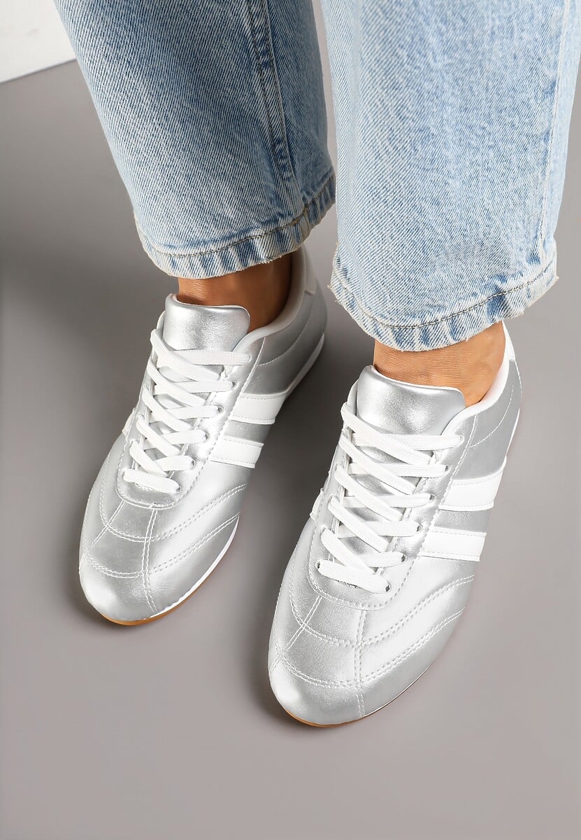 Srebrno-Białe Sneakersy Typu Tenisówki z Paseczkami Liantina