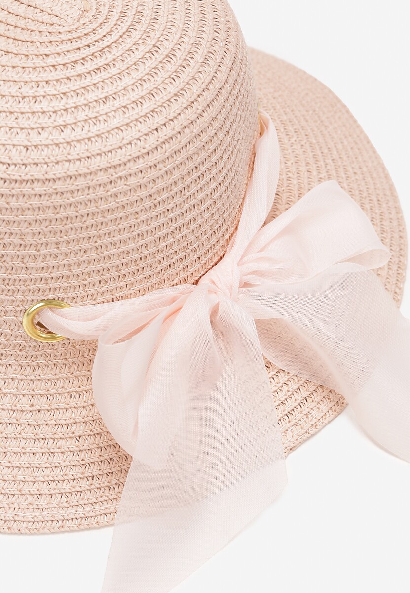 Różowy Pleciony Kapelusz z Kokardką i Szerokim Rondem Maronia