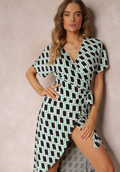 Jasnozielona Kopertowa Sukienka Wiązana w Pasie w Geometryczny Wzór  Aphrosia