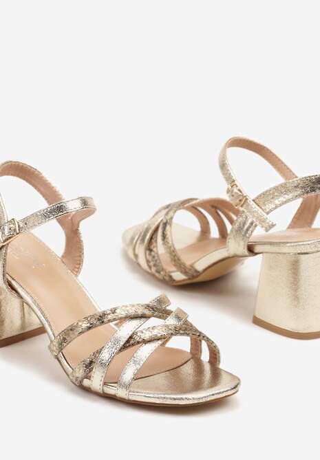 Złote Sandały na Słupkowym Obcasie z Ozdobnymi Paseczkami Telondra