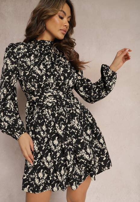 Czarna Rozkloszowana Sukienka Mini z Gumkami w Pasie w Print Mushe