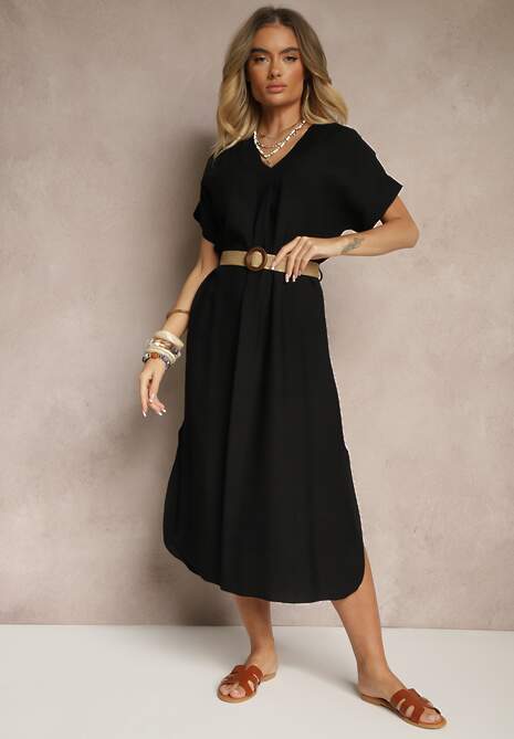 Czarna Pudełkowa Sukienka z Wiskozy z Dekoltem V Paskiem i Rozcięciami po Bokach Soniloria