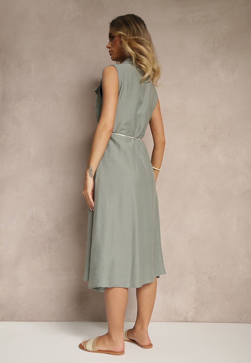 Zielona Sukienka z Wiskozy o Koszulowym Kroju z Ozdobnym Sznurkiem z Frędzlami Lavbia