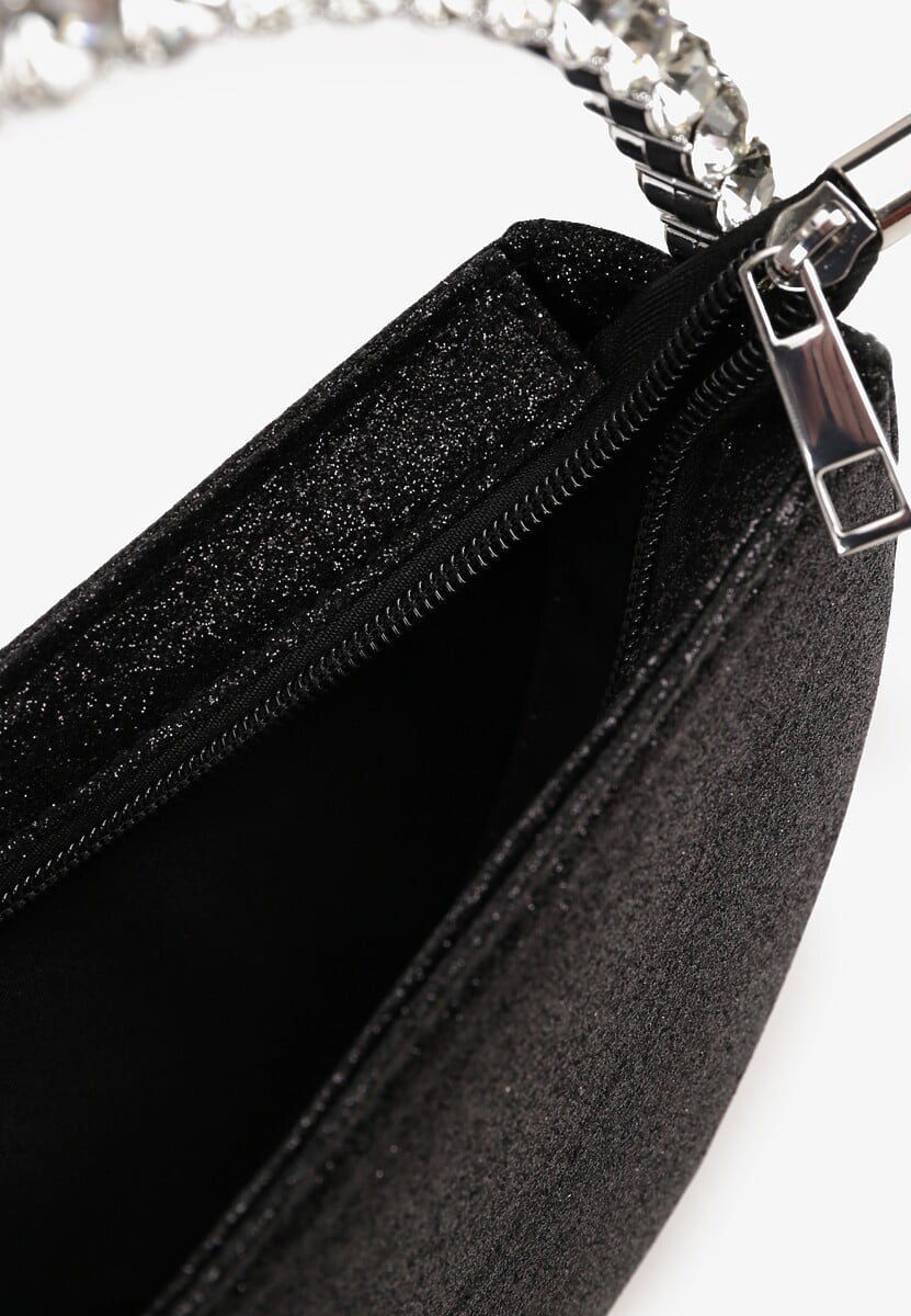 Czarna Okrągła Torebka Koktajlowa Ozdobiona Cyrkoniami i Brokatem Fesimala