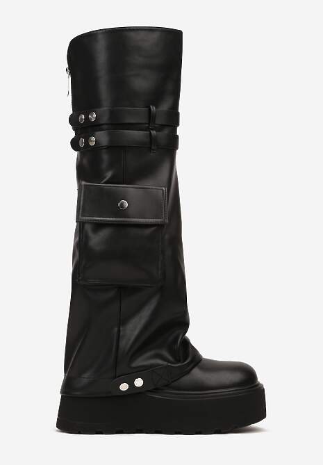 Czarne Kozaki na Platformie Ozdobione Kieszonką i Wywiniętą Cholewką Aflite