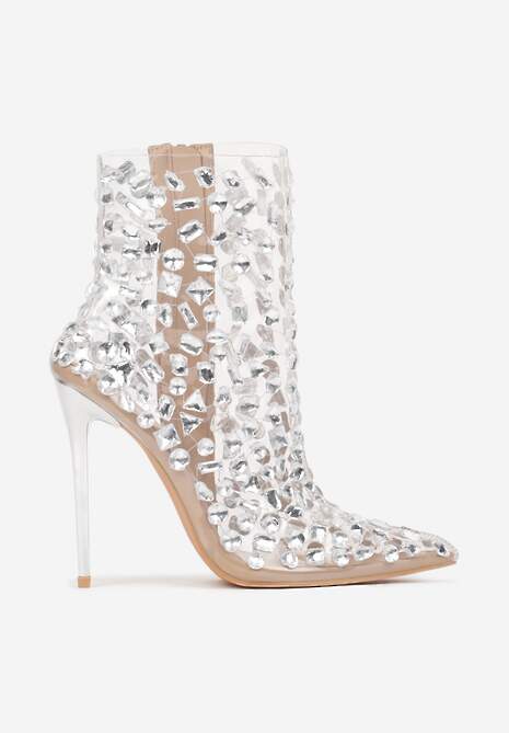 Beżowe Eleganckie Przezroczyste Botki na Szpilce z Kryształkami Ravista