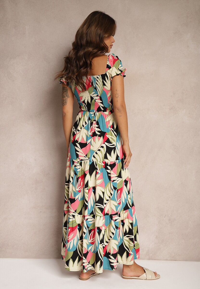 Czarna Rozkloszowana Kwiatowa Sukienka z Wiskozy Ozdobiona Falbanką i Wiązaniem Mevanya