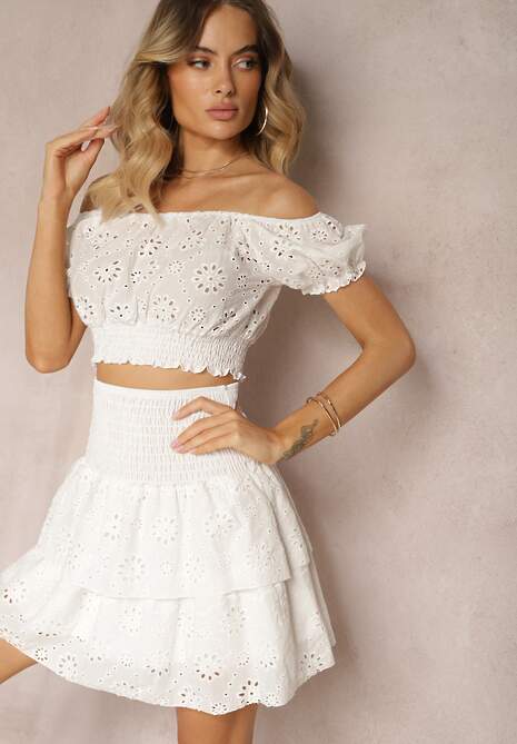 Biały Komplet 2-Częściowy z Bawełny Ażurowy Top w Hiszpańskim Stylu Spódnica z Gumką Dolflea