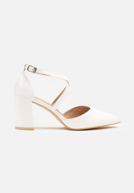 Białe Czółenka Vices na Słupku ze Skórzaną Wkładką Ozdobione Paskami Learelia