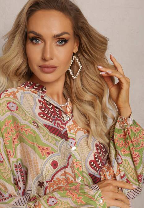 Beżowo-Zielona Koszula z Wiskozą Zapinana Guzikami w Modny Wzór z Ornamentami Mingula