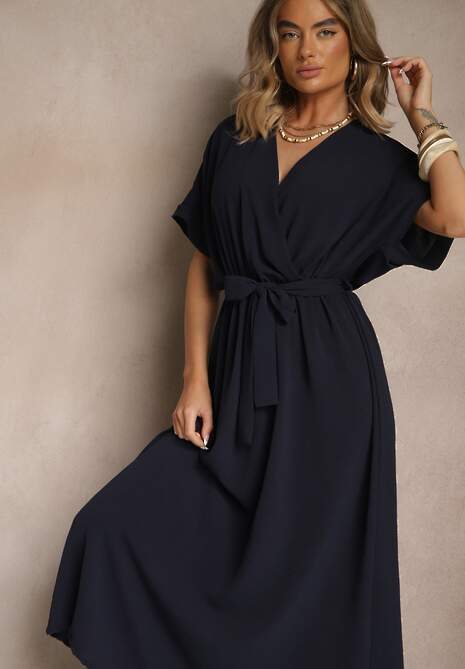 Granatowa Rozkloszowana Sukienka z Bawełną i Paskiem Lunapinia