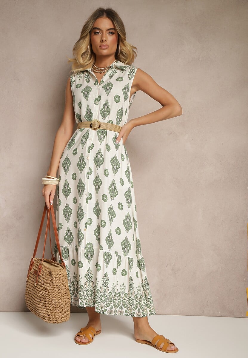 Zielona Koszulowa Sukienka z Wiskozy Ozdobiona Paskiem z Klamrą Eranelis