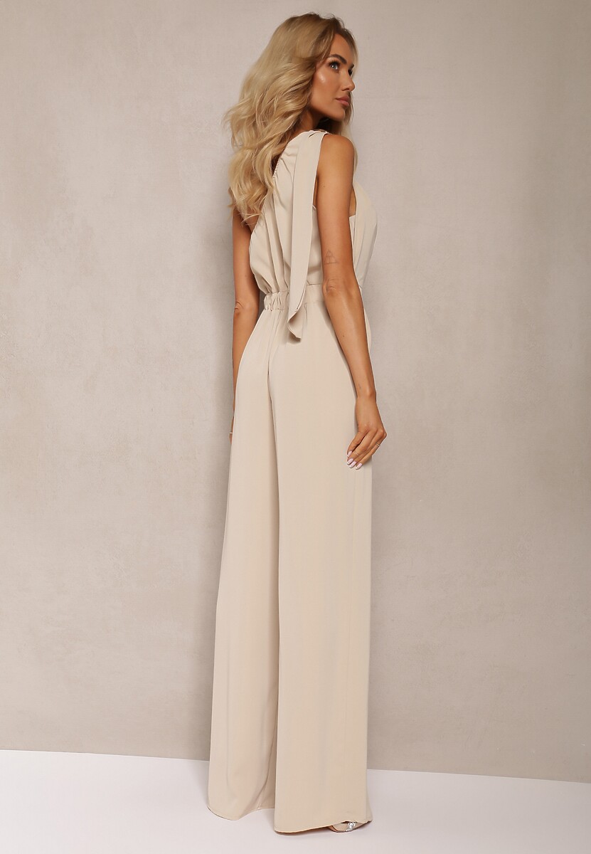 Beżowy Kombinezon z Asymetrycznym Dekoltem i Kieszeniami Benae
