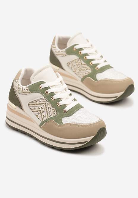 Ciemnobeżowe Sneakersy na Koturnie z Geometrycznym Wzorem i Brokatem Tillineira