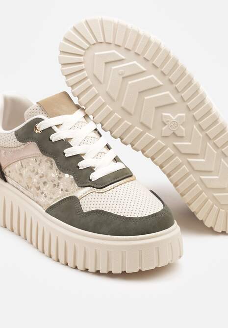Beżowo-Zielone Sneakersy na Platformie z Tłoczeniami Zdobione Panterkowym Printem Herraza