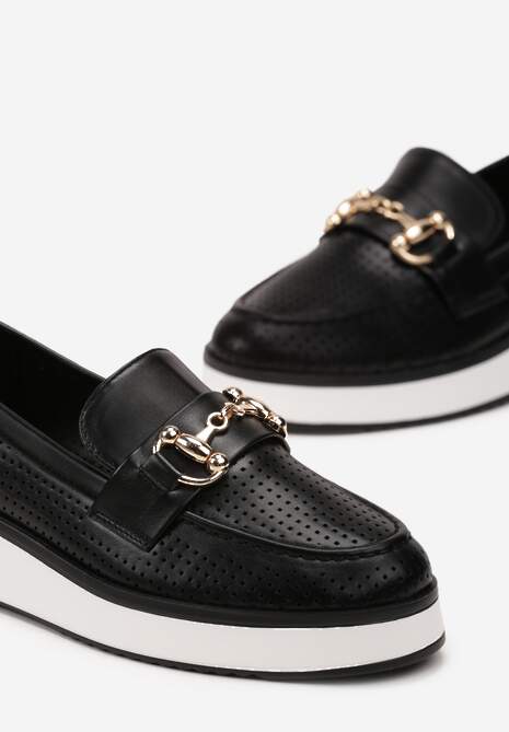 Czarne Ażurowe Mokasyny z Ekoskóry na Grubej Podeszwie z Metaliczną Klamrą Valesin